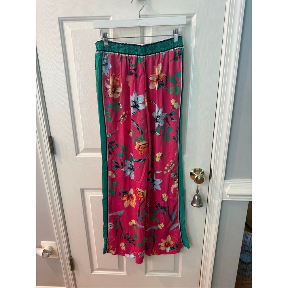 Laundry by Shelli Segal Pink & Green Silk Feel Floral Pull On Pants sz S EUC